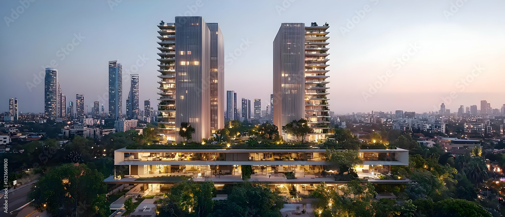 Fototapeta premium Luxury High Rise Residential Towers With Green Rooftop Terraces In A Bustling City Center During Dusk With Illuminated Cityscape