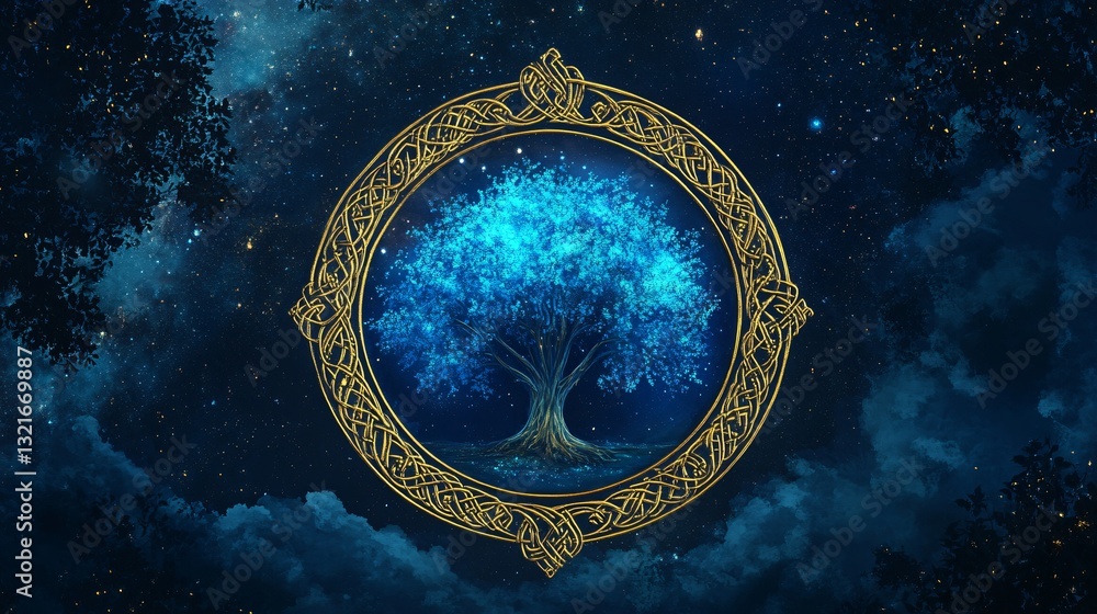 Fototapeta premium Enchanting Glowing Blue Tree Illustration Surrounded by Mystical Aura