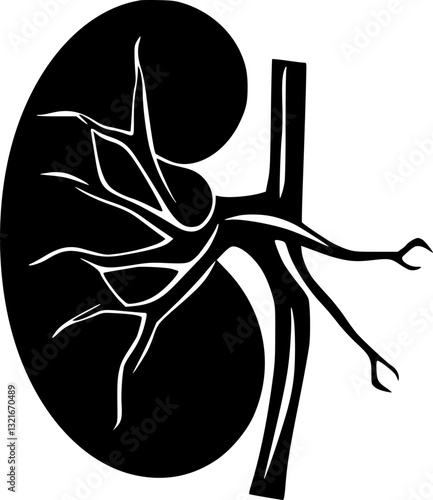 Anatomical kidney illustration in monochrome black and white detailed medical scientific artwork for education healthcare research diagrams textbooks