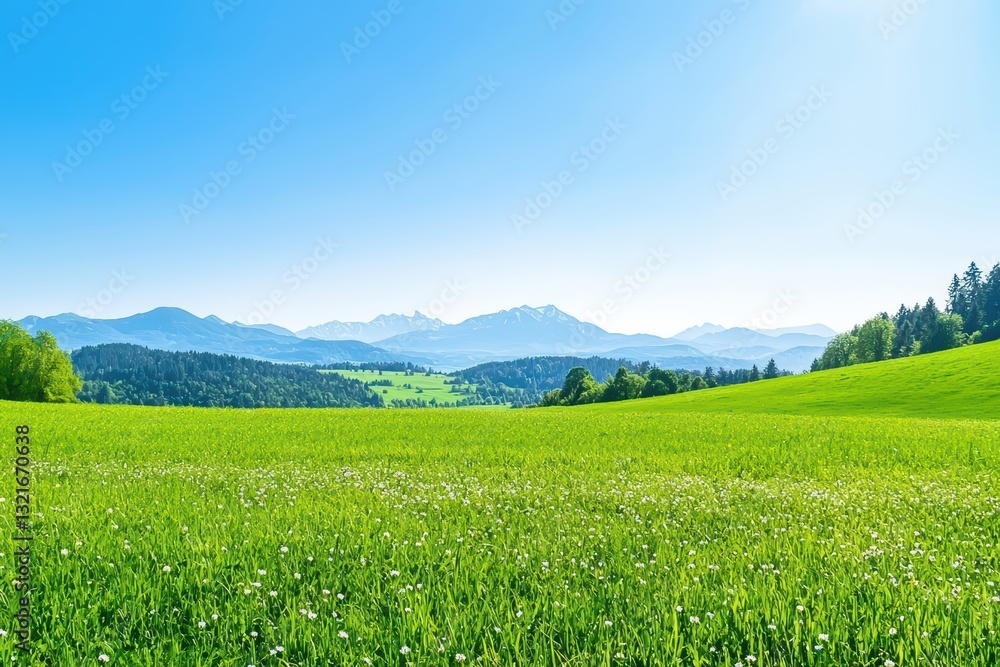 Vast Meadow Landscape with Blue Sky and Mountains in the Background for Creative Escape Concept