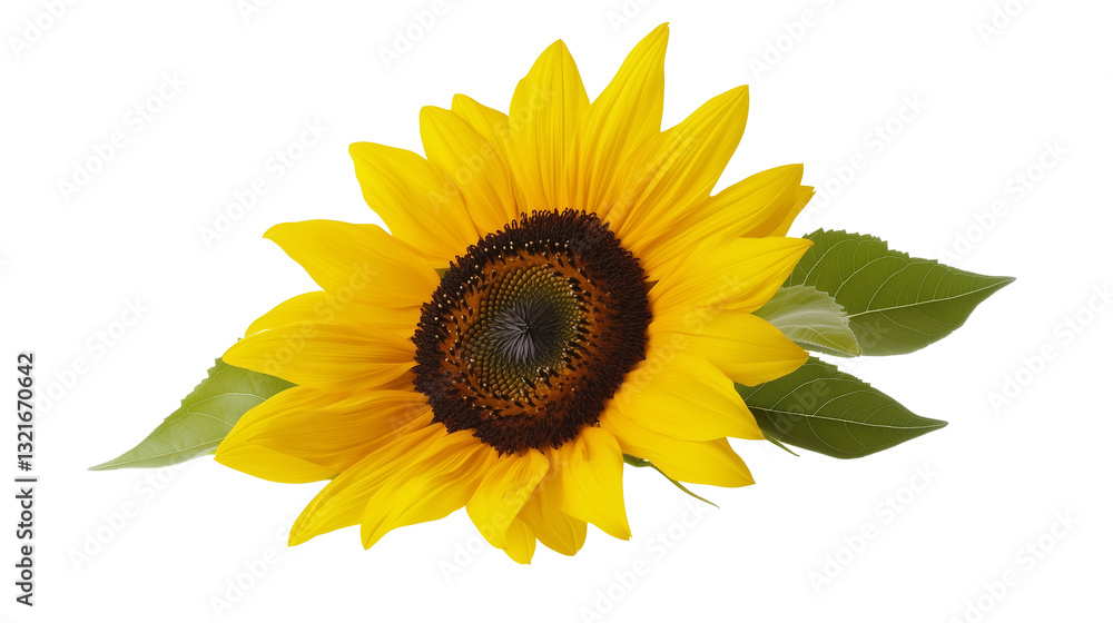 Obraz premium Bright Sunflower with Large Golden-Yellow Bloom and Dark Brown Center, Vivid Green Stem and Leaves Isolated on Transparent Background, Generated AI 