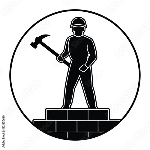 Hardworking Laborer Silhouette Smashing Rock with Hammer