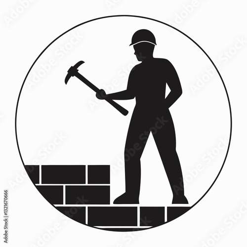 Silhouette of a Worker Striking a Rock with a Hammer