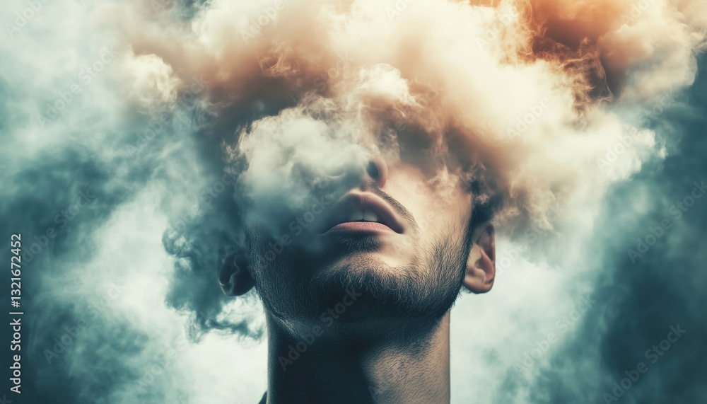 Man With A Troubled Mindset Lost In Thought And Daydreaming, His Head Metaphorically Up In The Clouds Under Stress. Man With A Troubled Mindset Lost In Thought And Daydreaming, His Head Metaphorically Up In The Clouds Under Stress.