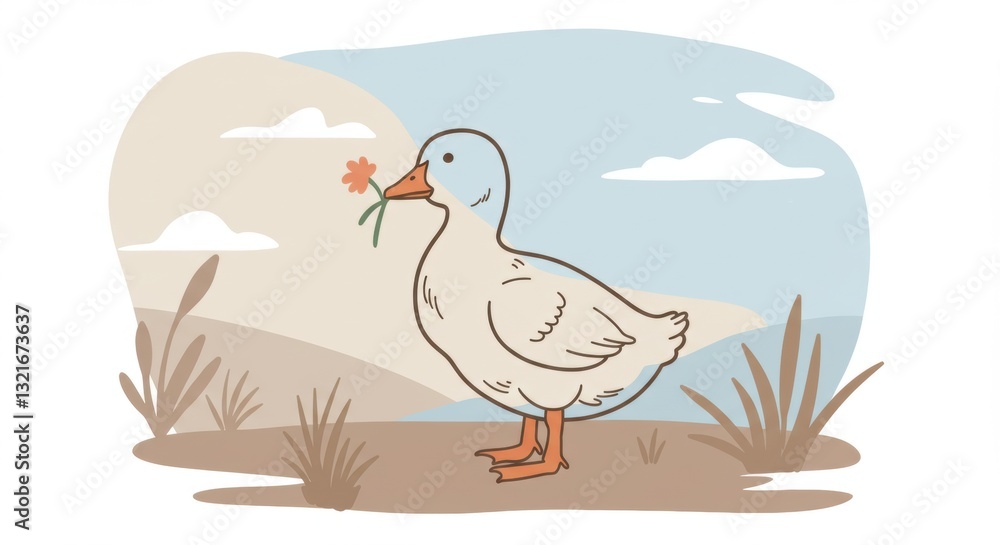 custom made wallpaper toronto digitalA charming illustration of a baby goose holding a flower in its beak, set against a serene landscape - "baby goose"