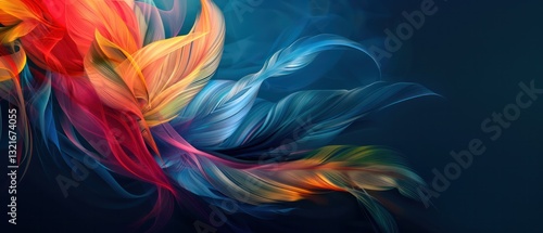 Dynamic abstract background with colorful feathers flowing in the wind, creating an energetic and vibrant atmosphere dark ton.