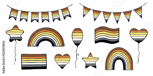 Set of colorful Bear brotherhood pride flag Happy pride day LGBTQIA community Pride Month Vector hand drawn doodle for posters, stickers, logo, cards