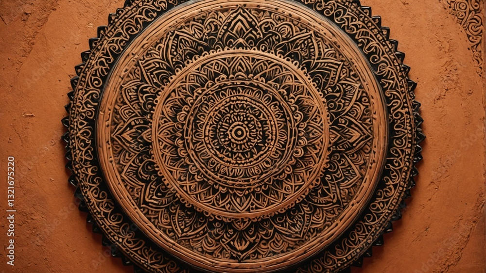 Obraz premium Spiritual mandala art with detailed carvings, religious symbol for meditation, yoga, and cultural traditions from India or Tibet