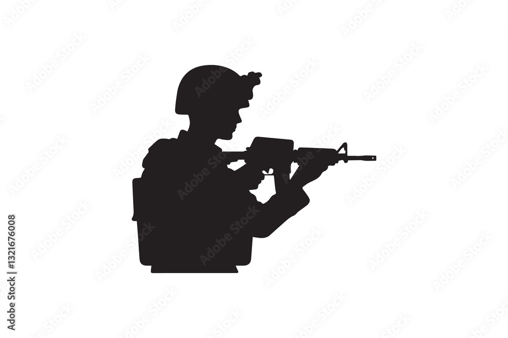 Military army Soldier silhouette vector illustration in black and white, set against a white background Military army Soldier silhouette vector illustration in black and white, set against a white background