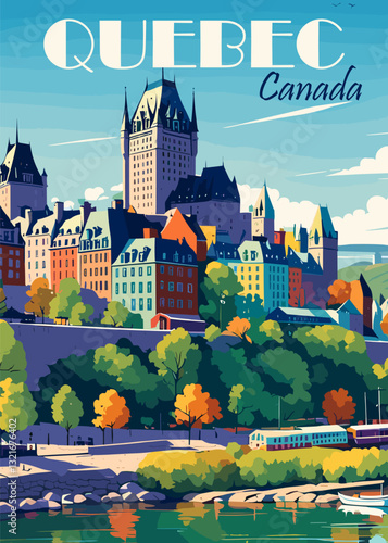 Travel poster with A colorful cityscape of Quebec, Canada. The buildings are tall and colorful, and there is a train in the background. Scene is lively and vibrant, with the colors