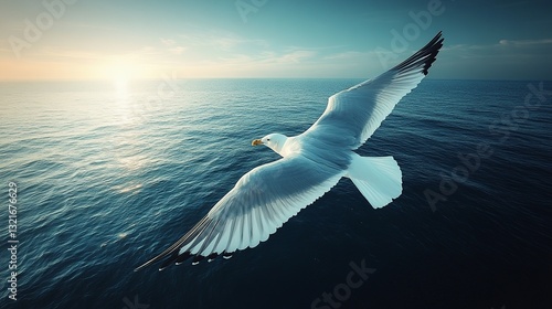 Seagull soars freely over a deep, undulating blue sea. Sun glints off the water. The bird's white wings contrast the blue sea. Freedom.