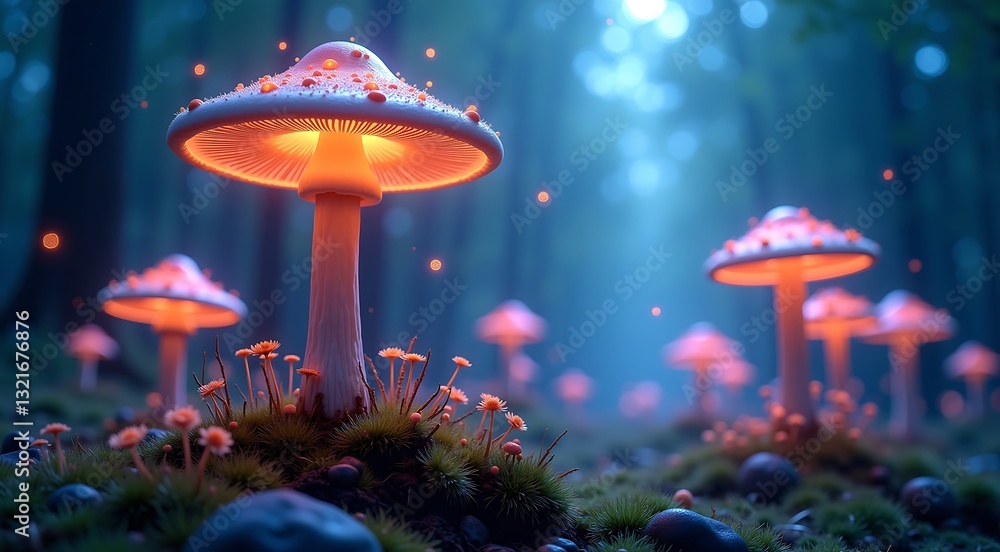 Fototapeta premium mystical mushroom landscape with glowing spores