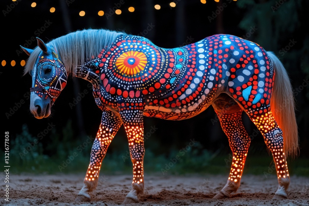Fototapeta premium Experience the magic of a Horse painted in tribal patterns glowing under UV light, a striking artistic concept that blends nature with modern artistry This unique photograph captures the beauty and