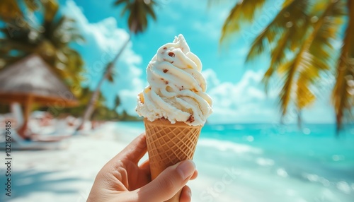 Fototapeta Naklejka Na Ścianę i Meble -  Unique Travel Experience: Enjoy Refreshing Ice Cream And Tropical Palms On A Paradise Island For Your Summer Vacation