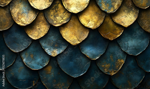 Wallpaper Mural Teal and gold textured scales pattern.  Metallic, overlapping, and visually appealing Torontodigital.ca