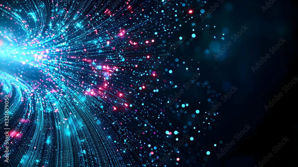 Vivid Blue And Pink Particles Exploding From Bright Light Source On Dark Background Graphic Design Element Vivid Blue And Pink Particles Exploding From Bright Light Source On Dark Background Graphic Design Element