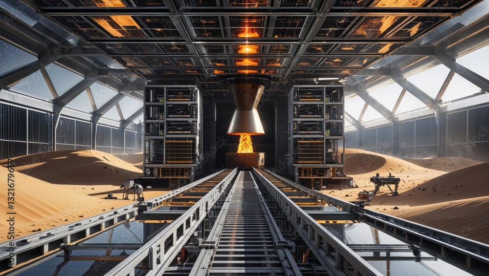 Futuristic industrial facility with a rocket and desert landscape. Futuristic industrial facility with a rocket and desert landscape.