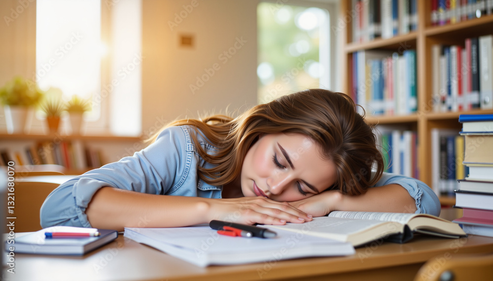 Tired student resting on desk in library, academic exhaustion Tired student resting on desk in library, academic exhaustion