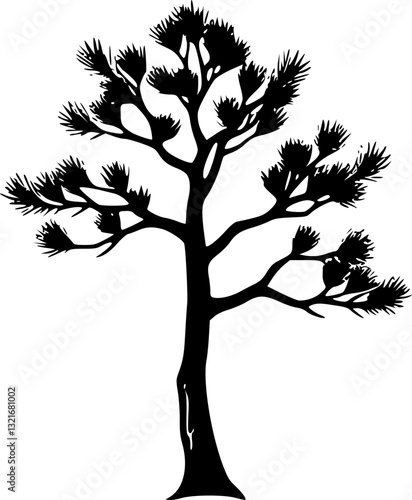 Detailed monochrome black and white pine tree illustration with branches and needles in minimalist style for nature themes backgrounds textures and graphic design