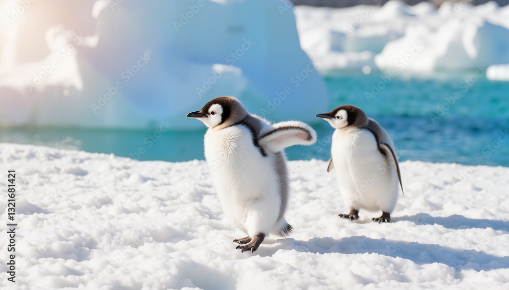 Obraz premium Juvenile penguin chick waddling on ice with iceberg backdrop, exploring