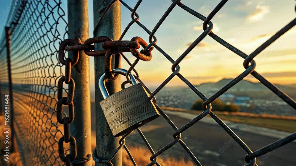 A close-up view of a rusty padlock securing a chain on a fence during sunset in a serene landscape A close-up view of a rusty padlock securing a chain on a fence during sunset in a serene landscape