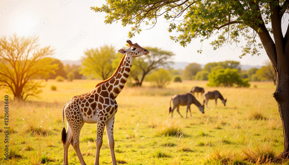 Fototapeta premium Playful giraffe calf reaching for leaves in vibrant African landscape, nature's wonder
