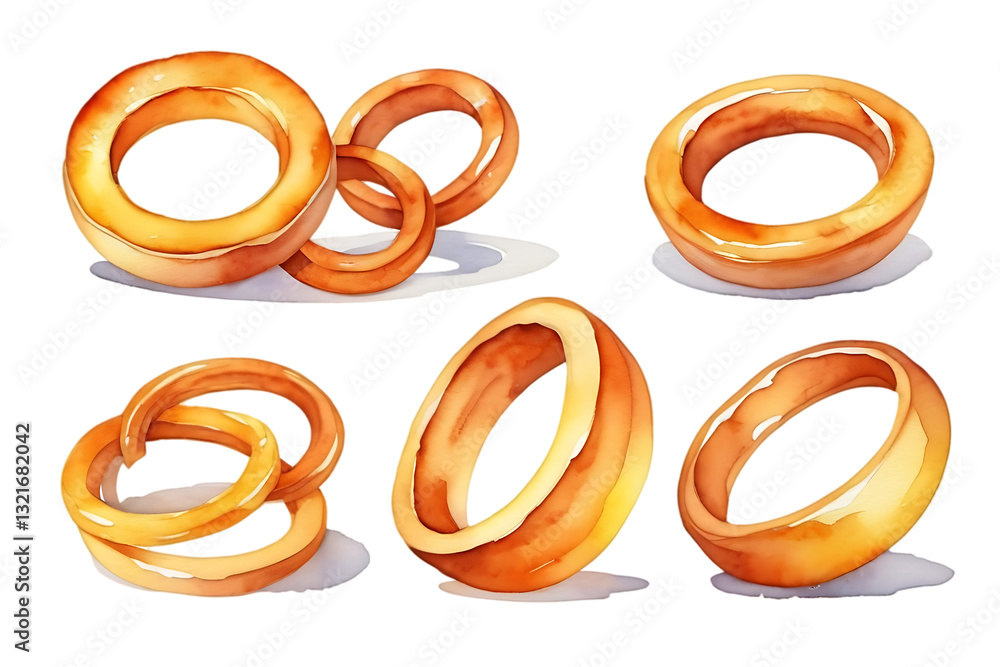 Watercolor Onion Rings Collection Isolated on Black Background Food Illustration Watercolor Onion Rings Collection Isolated on Black Background Food Illustration