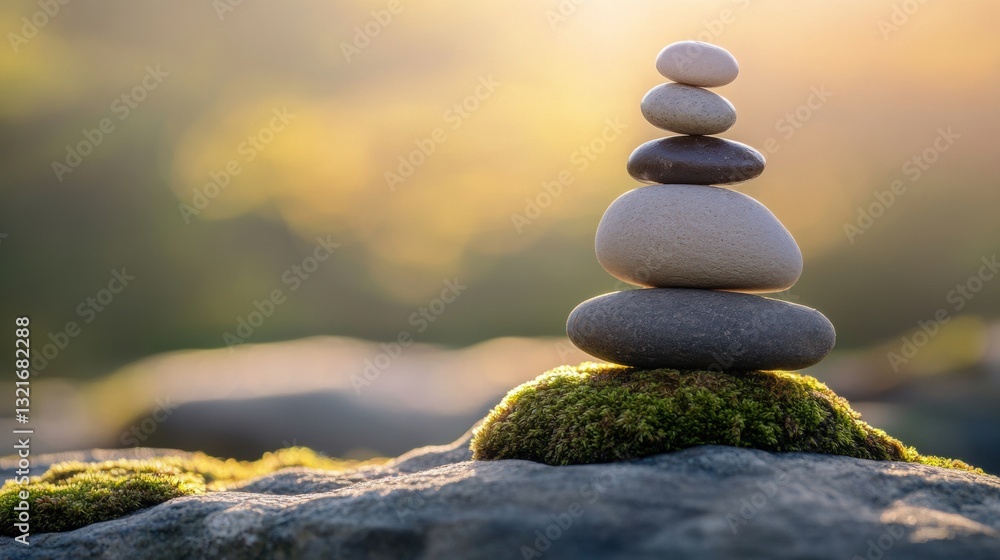 Serene Stack of Smooth Stones on a Natural Surface Surrounded by Soft Green Moss in a Gentle Outdoor Setting During Golden Hour Serene Stack of Smooth Stones on a Natural Surface Surrounded by Soft Green Moss in a Gentle Outdoor Setting During Golden Hour