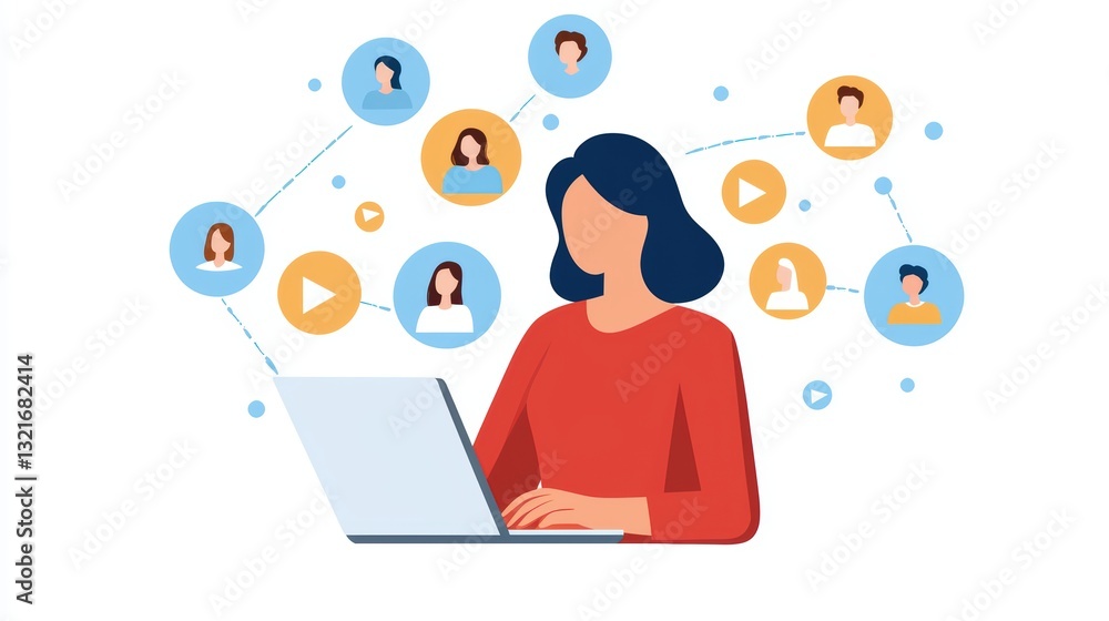 Virtual Team Collaboration Concept with Stylized Digital Illustration of a Person Working Virtual Team Collaboration Concept with Stylized Digital Illustration of a Person Working