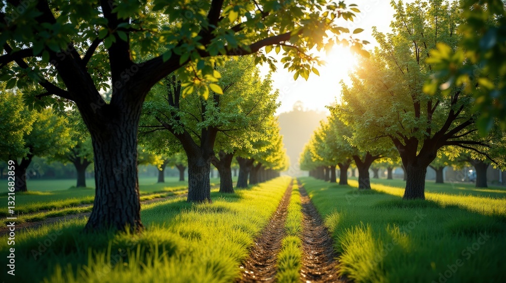 Naklejka premium Keen orchard divided by a swirling ephemeral mist, where rich green foliage meets a soft, dreamy atmosphere. A delicate and enchanting nature scene.
