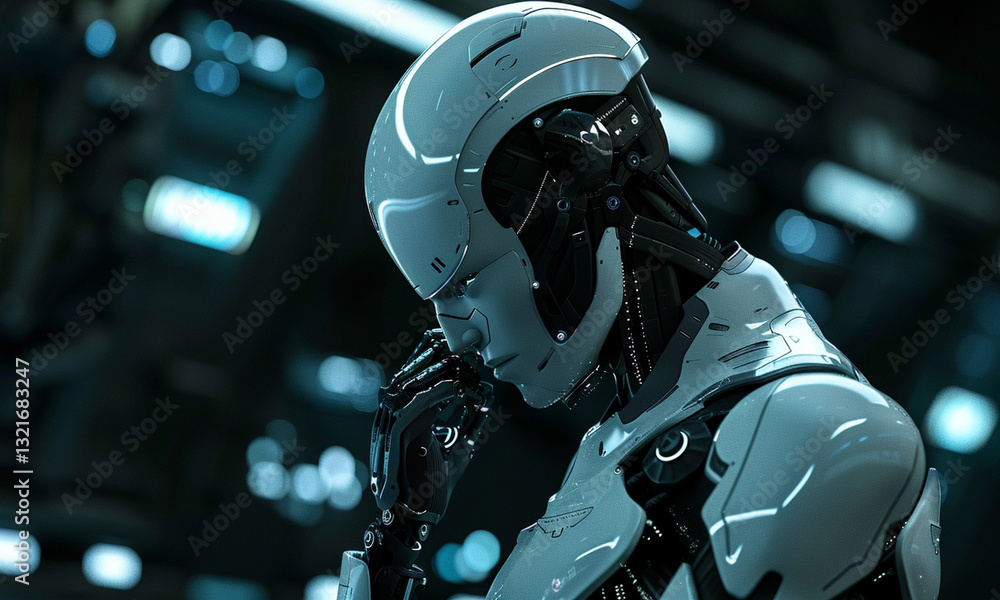 Fototapeta premium Futuristic AI robot deep in thought, representing artificial intelligence, machine learning, and technological advancement in a cybernetic digital world
