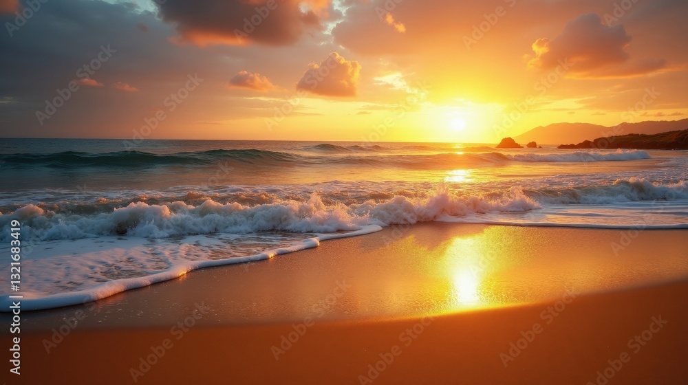 Serene beach at sunset with golden sand, calm waves gently lapping the shore, and a sky painted in shades of warm orange, pink, and soft purple. Serene beach at sunset with golden sand, calm waves gently lapping the shore, and a sky painted in shades of warm orange, pink, and soft purple.