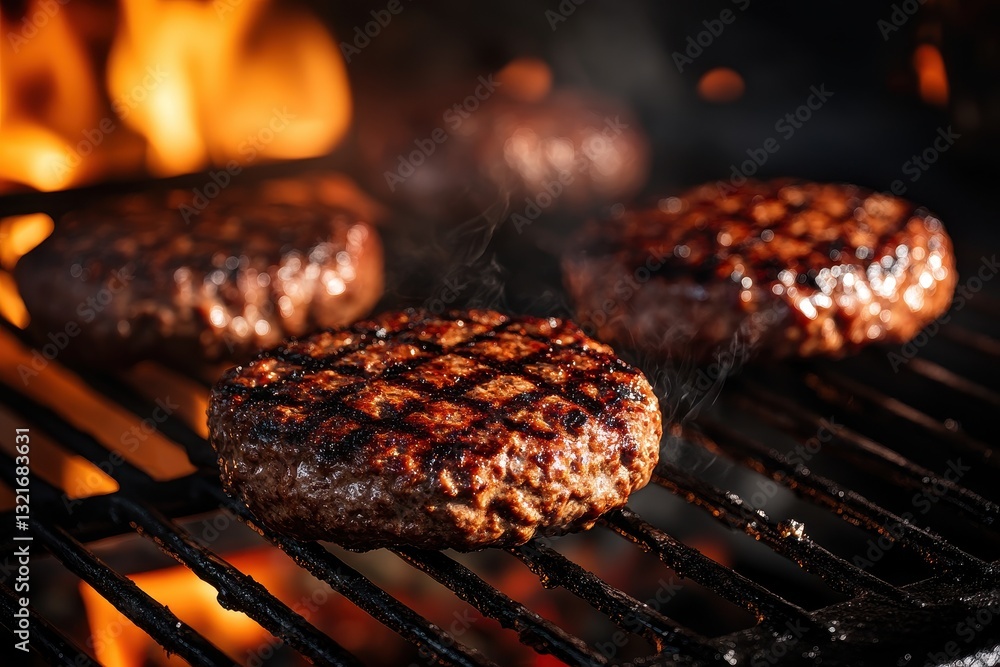 Juicy grilled burger patties sizzling on a hot grill. Perfect for restaurant menus, cookbooks, or food blogs showcasing delicious BBQ fare. Juicy grilled burger patties sizzling on a hot grill. Perfect for restaurant menus, cookbooks, or food blogs showcasing delicious BBQ fare.
