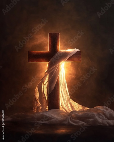 Glowing cross with white cloth symbolizing Holy Thursday in a serene setting