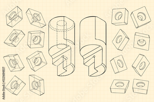 Mechanical engineering drawings on sepia background. Cutter, assembly tool with replaceable multi-faceted plate. Technical Design. Cover. Blueprint. Vector illustration.