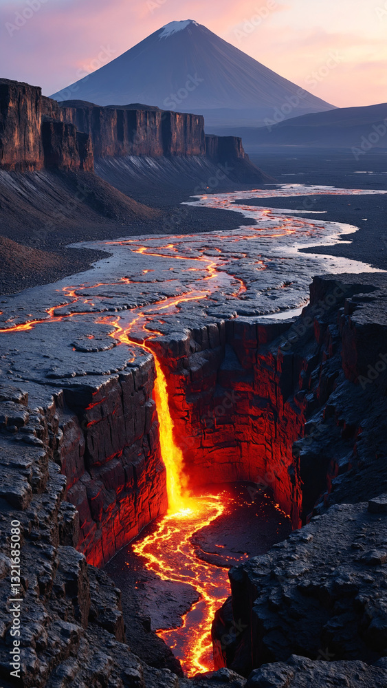 Fototapeta premium Volcanic landscapes exhibit raw and powerful beauty of rugged terrain lava flows and awe-inspiring forces of nature that shape these areas