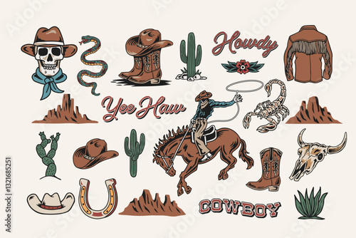 A Western-themed vector illustration set with cowboys, horses, hats, boots, skulls, cacti, and classic Wild West elements. Perfect for t-shirts, stickers, posters, and branding