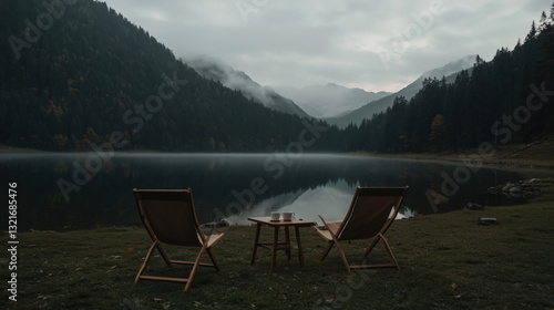 Two chairs and tables with two coffee cups stand next to each other in outdoor camping site. Autumn season, Green lawn, lake, forest landscape in the background for tranquility, peaceful vacation trip