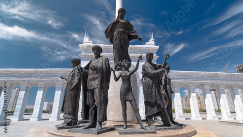 View of the Kazakh Eli Monument timelapse hyperlapse on Independence Square in Astana, the capital of Kazakhstan. photo