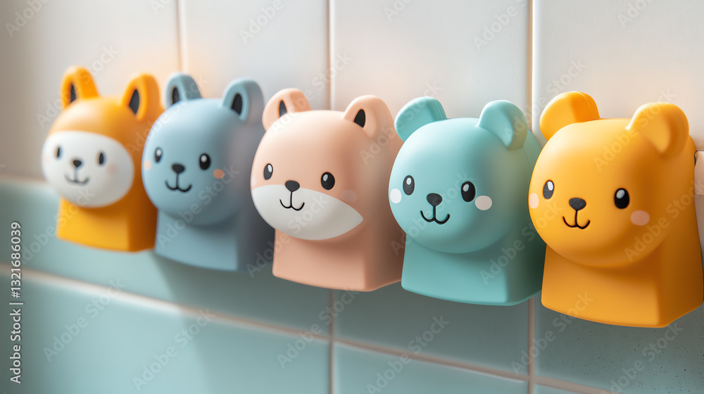 Obraz premium Colorful animal-shaped hooks for home decor.