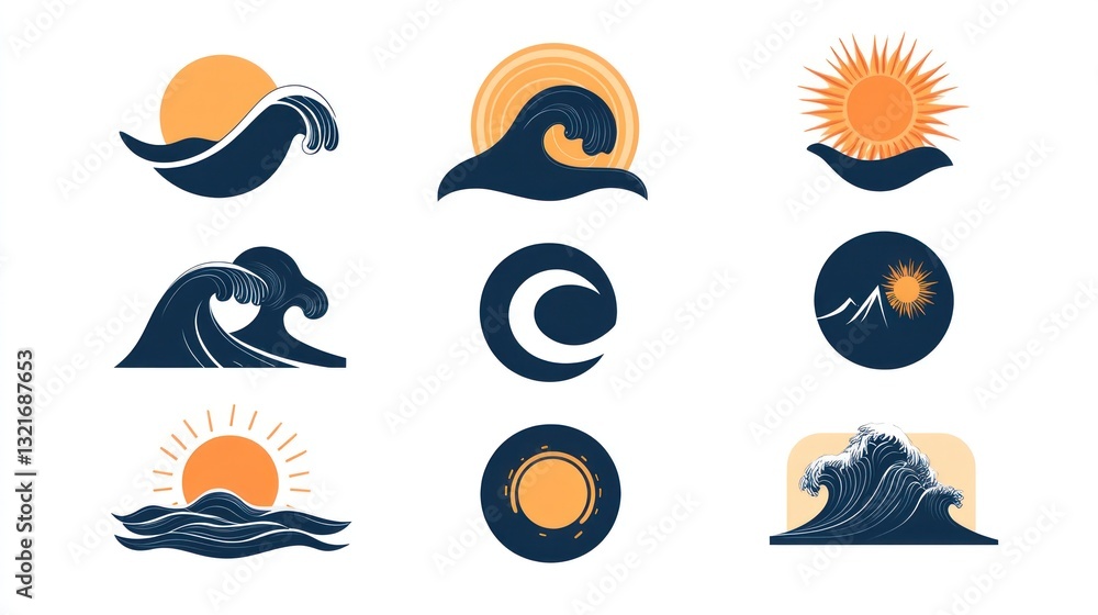 Ocean wave and sun icons, abstract graphic design, versatile use Ocean wave and sun icons, abstract graphic design, versatile use