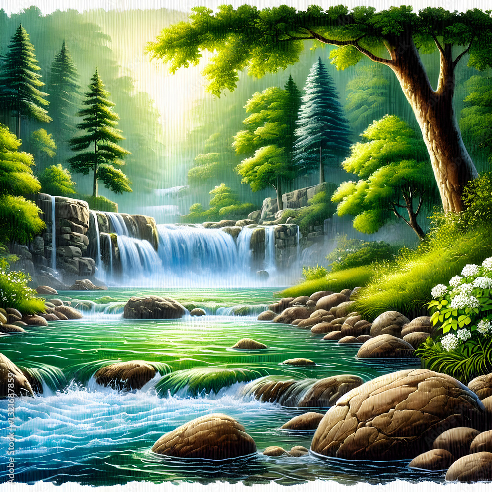 Fototapeta premium A tranquil depiction of a river flowing into a cascade, surrounded by boulders and a dense forest in vibrant green tones, highlighting natural beauty.