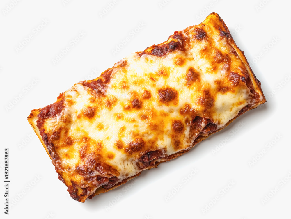 Overhead capture of a delicious baked lasagna with layers of cheese and sauce on a white surface for a comforting meal presentation Overhead capture of a delicious baked lasagna with layers of cheese and sauce on a white surface for a comforting meal presentation