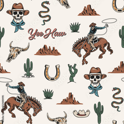 A seamless Western-themed vector pattern featuring cowboy skulls, rodeo riders, cacti, horseshoes, desert landscapes, and rustic typography. 