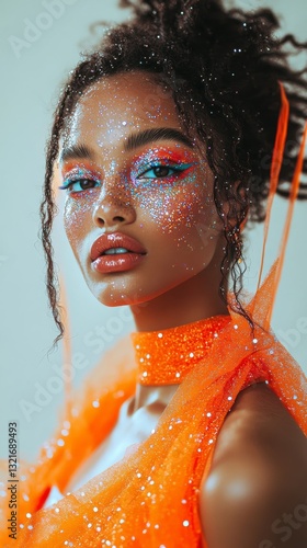 Wallpaper Mural Sparkling Beauty Portrait of a Young Woman with Glittery Makeup and Orange Dress Torontodigital.ca