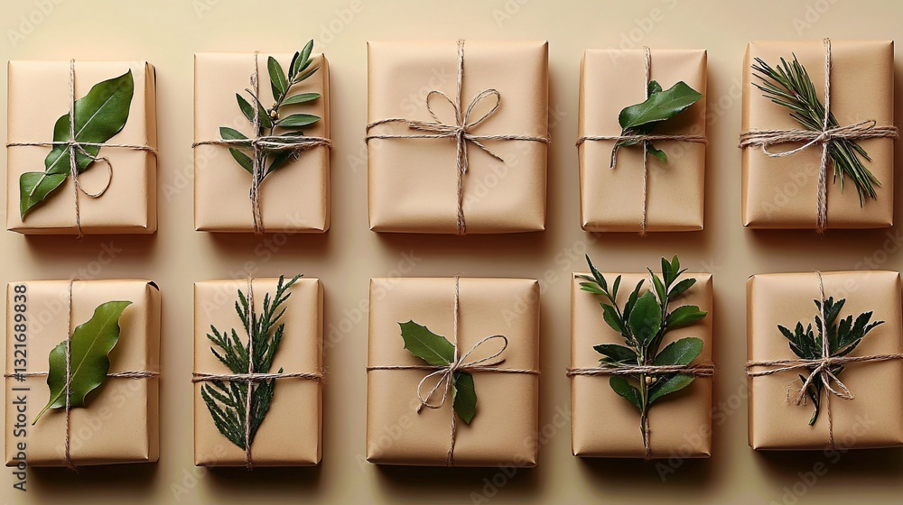 Elegant gift boxes wrapped in minimalist brown paper and adorned with green leaves. Perfect for eco-friendly gifting, birthdays, weddings, and holiday celebrations.