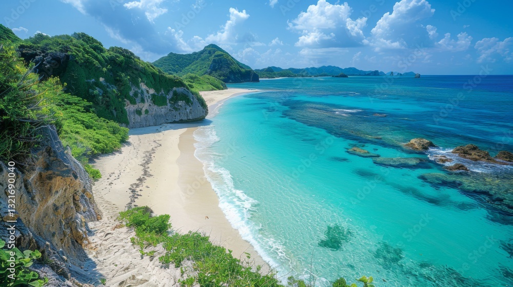 Fototapeta premium Golden Week Adventure in Japan. woman Explore the captivating Okinawa islands, with their pristine beaches, turquoise waters, and unique Ryukyu culture.