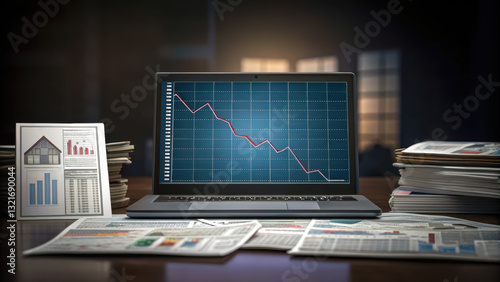 laptop displaying declining graph on desk with financial documents