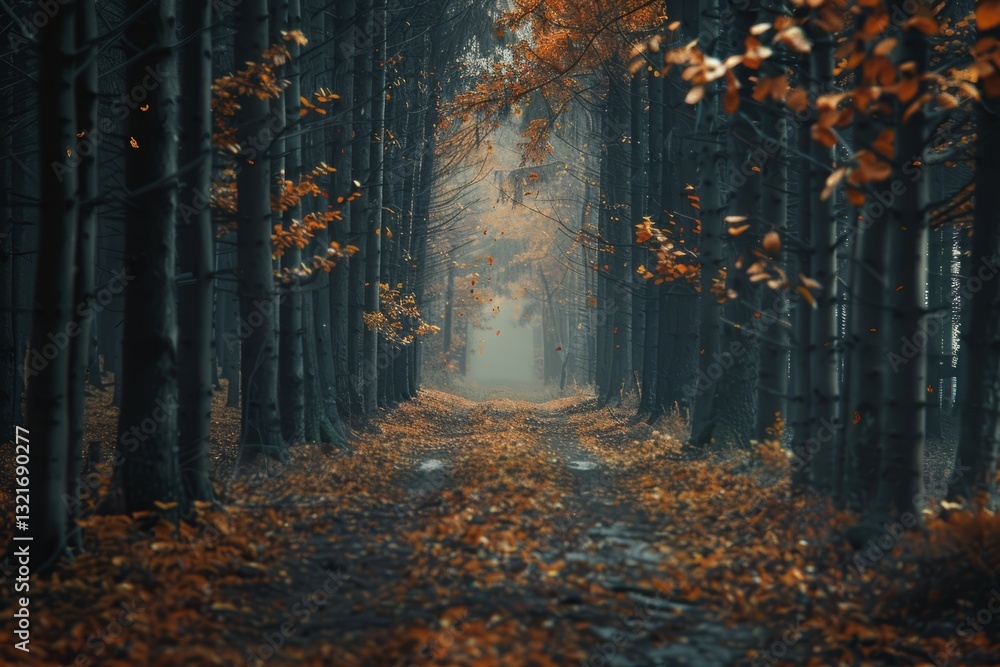 Fototapeta premium Serene Autumn Forest Pathway Surrounded by Golden Leaves and Mist