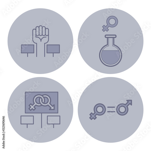 Set of four distinct line icons illustrating themes of gender equality, activism, science, and education. Gender-related concepts